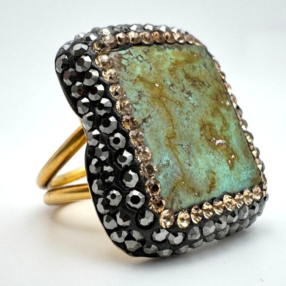 Turquoise Hematite Crystal 925 Silver Vermeil Statement Ring Size 7 Adjustable - Picture 1 of 11